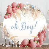 Aperturee - Aperturee Blue Floral Boho Oh Boy Round Baby Shower Backdrop